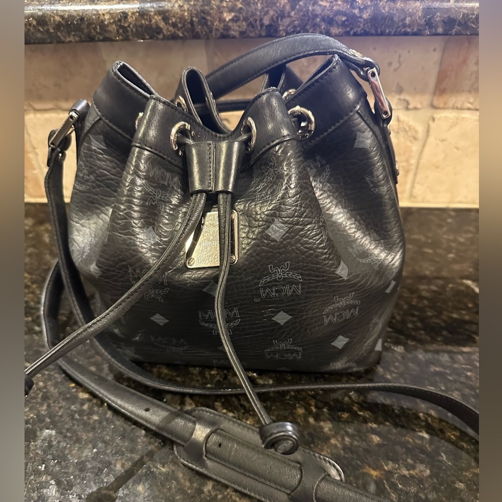 MCM Visetos Black Leather Bucket Bag, Adjustable Crossbody Strap